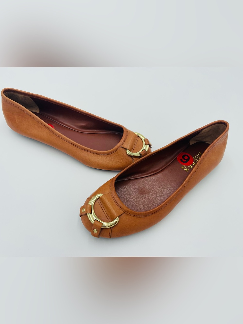 Ralph Lauren Women's Tan Leather Ballet Flats with Gold Accent size 6